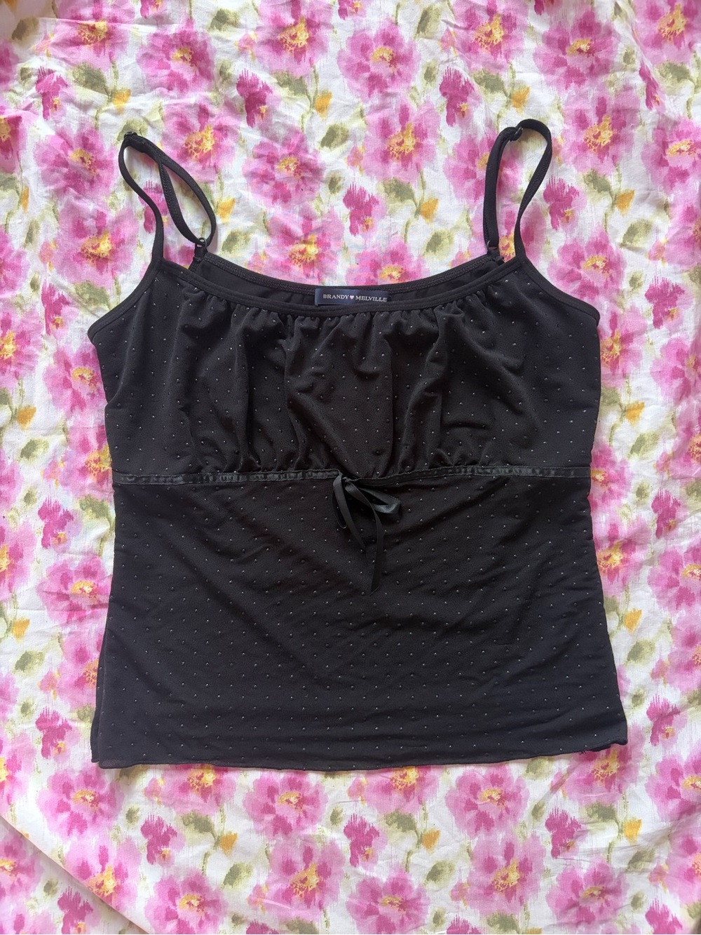 Brandy Melville Black Dot-Textured Cami with Front Tie 🖤